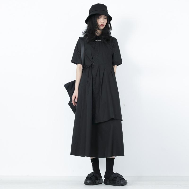 ワンピース レディース 春夏 シャツワンピース ロング丈 半袖 ウエストマーク 切り替え Aライン ハイウエスト 体型カバー ゆったり 細見え 二の腕カバー お腹周りカバー モノトーン デザイン感 高級感 レトロ モード系 ブラック系 普段使い 通勤用 ｜サポートシェアグローバル