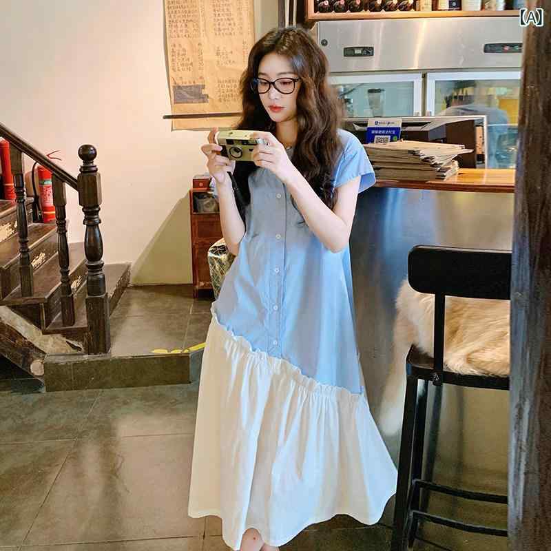 ロング シャツ ドレス 夏の レディース 小さくて ユニークな カラーマッチング 半袖 ドレス 美しく ゆったり スリム シャツ ｜サポートシェアグローバル
