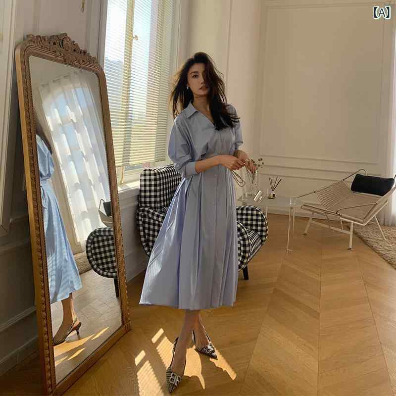 ロング シャツ ドレス ロング シアー ウエスト 長袖 シャツ ワンピース 女性 フレンチ ハイエンド ミディアム 丈 スカート 3028