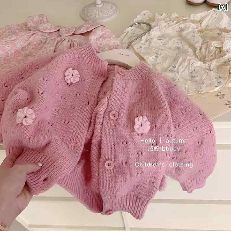 Uネック ニット キッズ 韓国 子供服の 女の子 ニットカーディガン 春秋 スタイル 2024 ピンクの 花の セーター ジャケット トップ