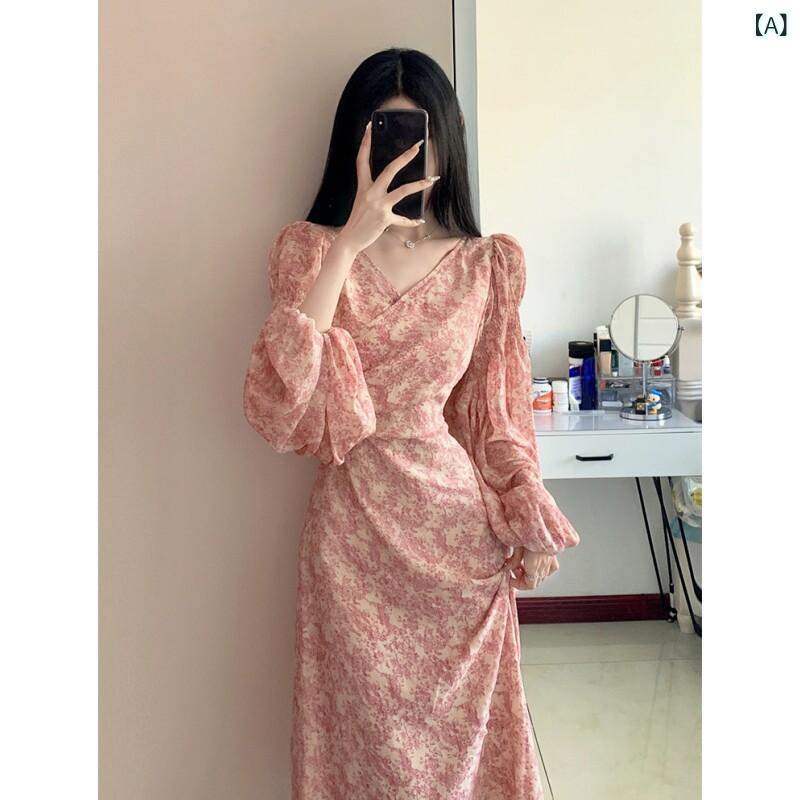花柄 ワンピース ガーリー 2024 春秋 高級 Vネック ピンク 花柄 ワンピース 女性用 優しい ティーブレイク