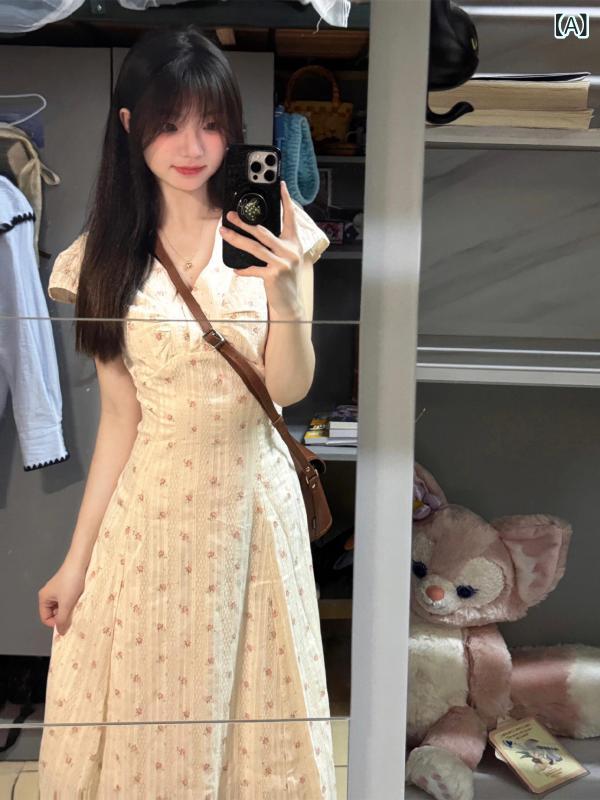 花柄 ワンピース ガーリー フランスの カレッジ 花柄の ドレス 女性用 夏の 美しい プリンセス 小柄な ウエスト ロング スカート