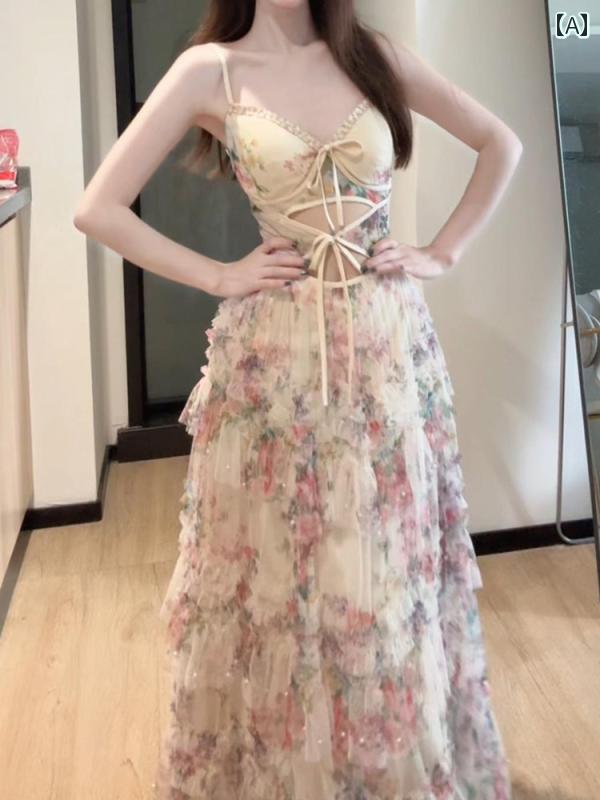 花柄 ワンピース ガーリー SYJ / Shuyijia フレンチ スイート フローラル サスペンダー ドレス レディース ホリデー スタイル レース ロング スカート