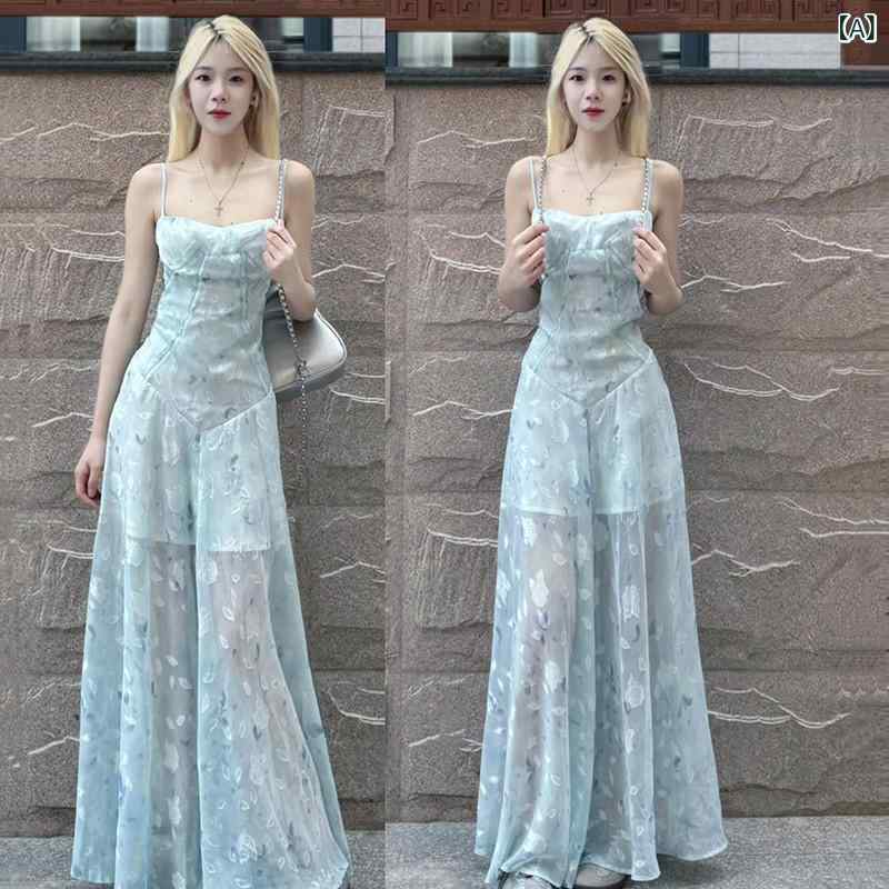 花柄 ワンピース ガーリー フランスの 美しい 青い 花柄 サスペンダー ドレス 女性用 2025夏の 海辺の ホリデー スタイル ウエスト ロング
