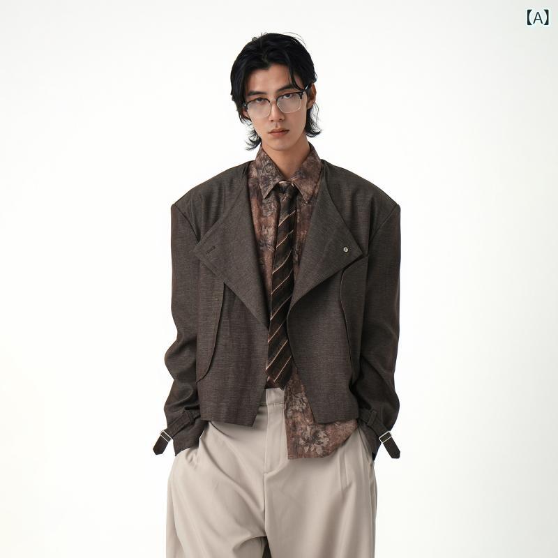 レザー ジャケット 革 メンズ INTERLINKED 春の 不規則な 高貴な ショート ラウンド カラー ジャケット スーツ 古風お 金 メンズ｜サポートシェアグローバル