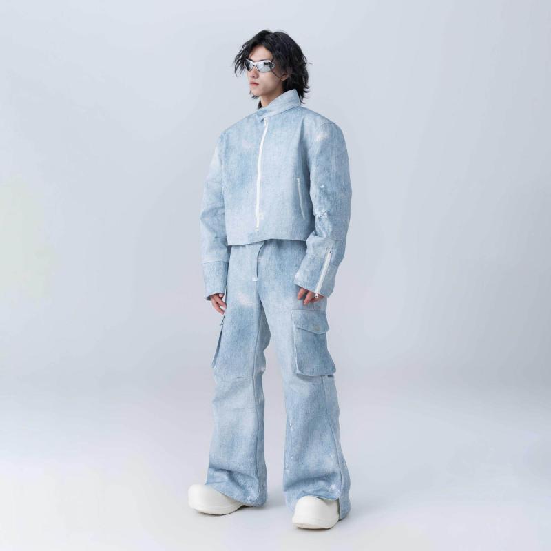 レザー ジャケット 革 メンズ XEQUATION 24 ssXeee 秋 ショルダーパッド ブルー ヘビー ワイド パイオニア ジャケット カジュアル コート