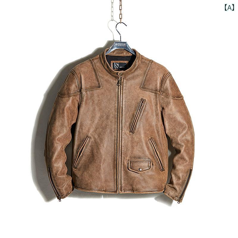 レザー ジャケット 革 メンズ アンクル テの レトロ 毒 RRL レザー 擦り 色 ヘビー ウォーター ウォッシュ 加工 ダメージ 加工の メンズ スタンドカラー 革 モーターサイクルレザージャケット