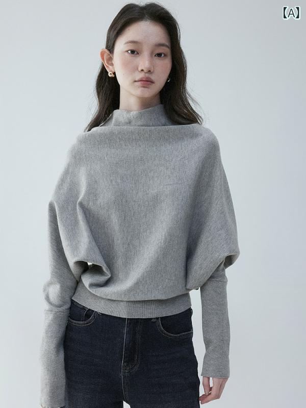 タートルネック フィット感 レディース マスタード VOOE ハーフ ハイネック バット スリーブプル オーバー セーター レディース 早春 無地 ゆったり トップス