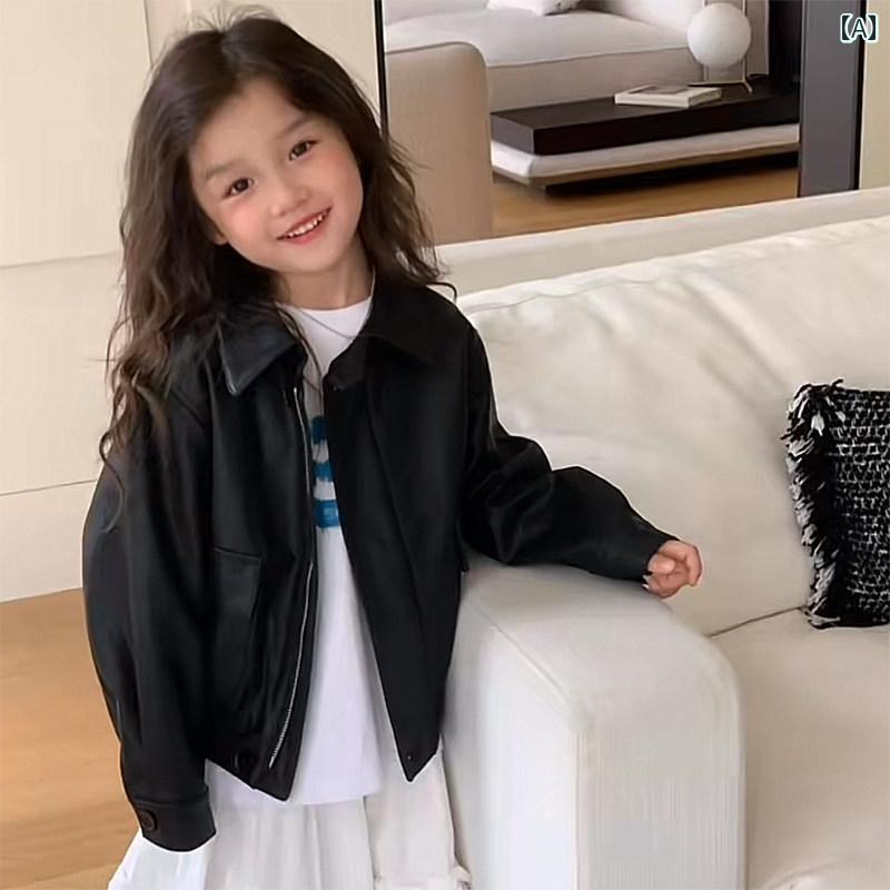 子供用 レザージャケット レトロ モーター サイクル ショート ジャケット な PU 春秋 ジッパー 男の子と 女の子用の 韓国