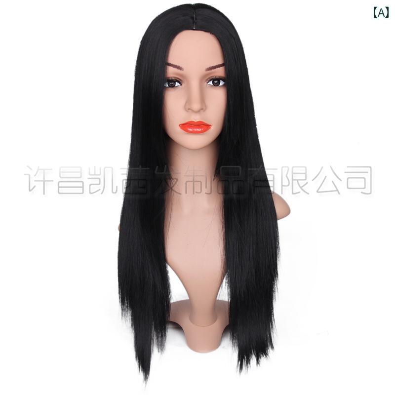 女性用 かつら と アメリカ ファッション レディースウィッグ ヘッド ピース ブラック ロング ストレート ヘア ウィッグ ヘアウィッグ 女性