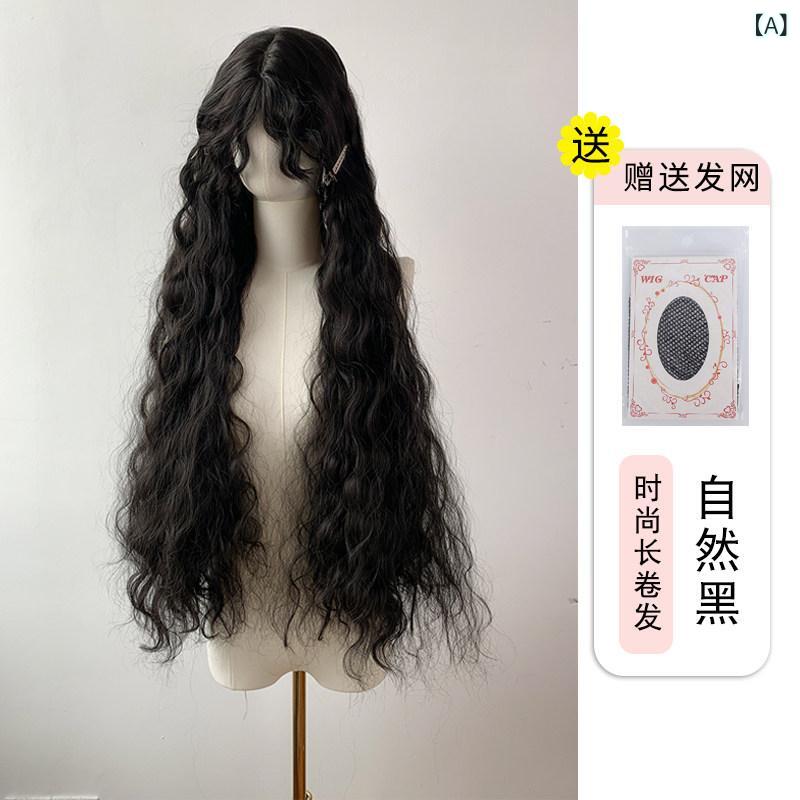 女性用 かつら フォレスト 少し カール した 前髪の 卵型の 長い 黒の 高温 の 写真の ファッション 全体の かつら セット