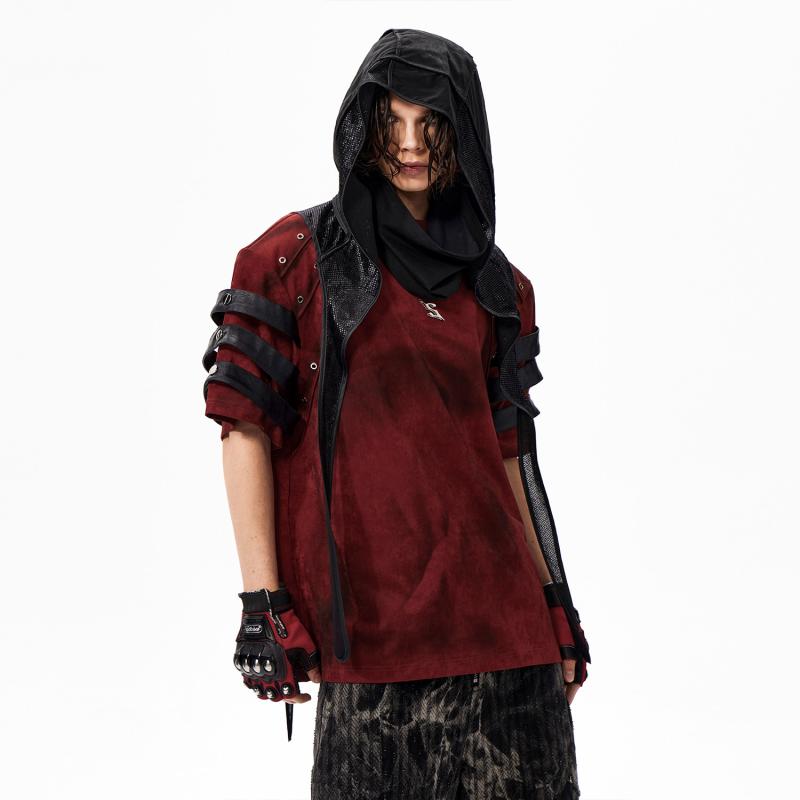 Tシャツ 男性用 メンズ 半袖 トップス 切り替え デザイン クルーネック 丸首 肩パッド入り 鋲付き スタッズ かっこいい ワイルド カジュアル ストリート系 ビッグシルエット ゆったり 大きいサイズ 体型カバー 着痩せ お腹周り 二の腕カバー 伸縮性｜サポートシェアグローバル