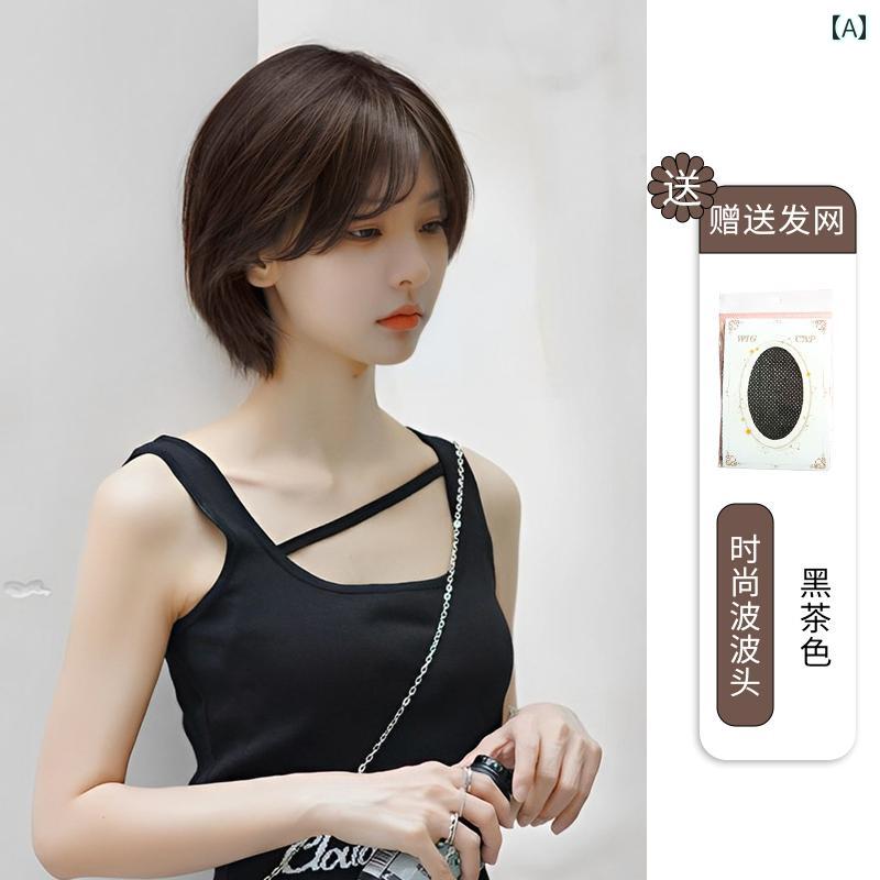 女性用 かつら Meisu ウィッグ レディース ショート ヘア 年齢を 感じさせにくい 耳までの 長さ ボブ ストレート アップ フル ヒューマン ナチュラル ヘッド セット