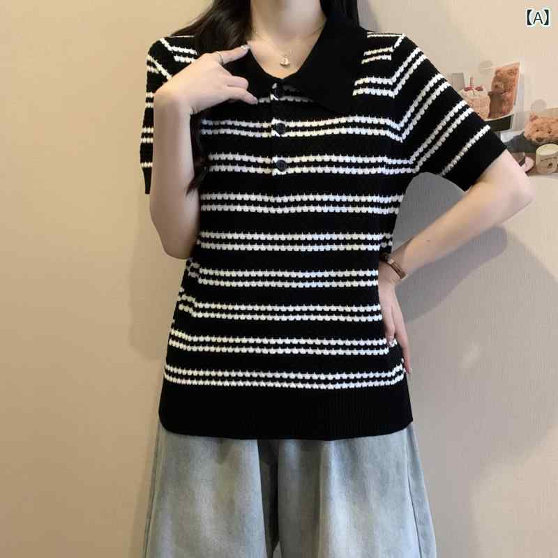 サマーニット レディース 大きいサイズレディース 夏 ポロシャツ 冷感 ニット ストライプ 半袖 mm スリム Tシャツ トップス