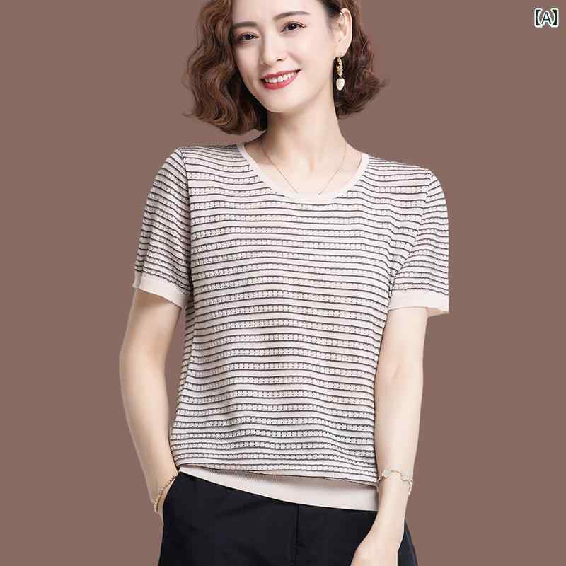 サマーニット レディース 夏の 冷感 半袖 ストライプ Tシャツ レディース 2025な ゆったり スリム ニット トップス