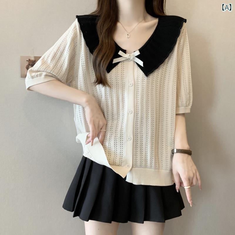 サマーニット レディース 大きめ サイズレディース 夏 フレンチスタイル ベビー カラー ストレート ショルダー 半袖 Tシャツ mm 薄手 冷感 ニット セーター トップ