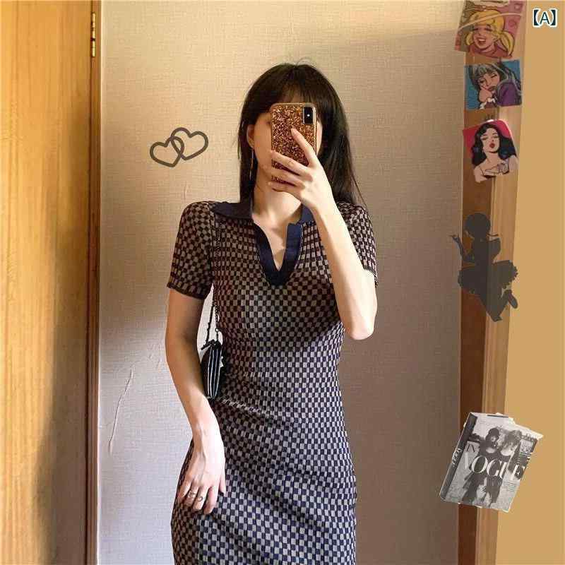 サマーニット レディース ポロ カラー ニット ワンピース レディース 服 2025 夏 スタイル ウエスト スリミング ヒップ スカート ユニークな 美しい｜サポートシェアグローバル
