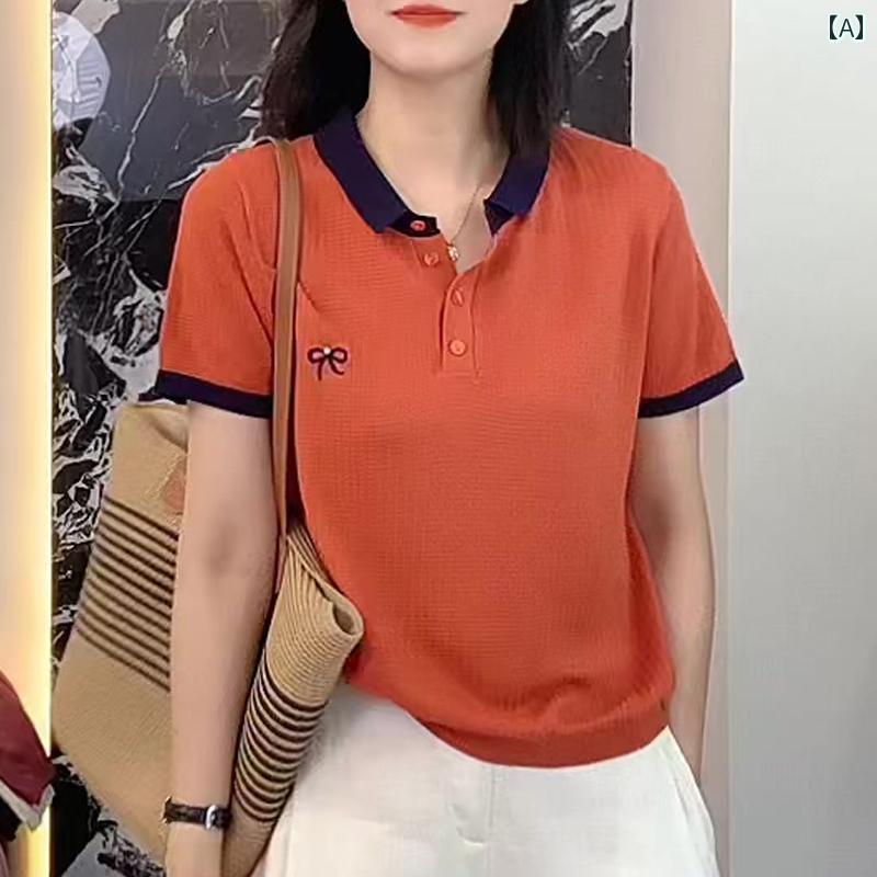 サマーニット レディース 春の 婦人服 年齢 軽減 大きいサイズ ゆったり スリム 半袖 トップス リボン 刺繍 カラーマッチング 小 襟 ニットカーディガン