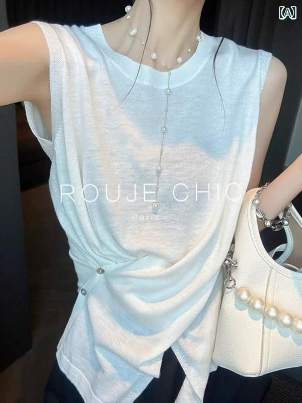 サマーニット レディース ROUJE CHIC フランス製の 不規則な ノースリーブ ベスト トップス。 夏に 軽やかで 大人っぽい ニット 冷感 ブラウス。