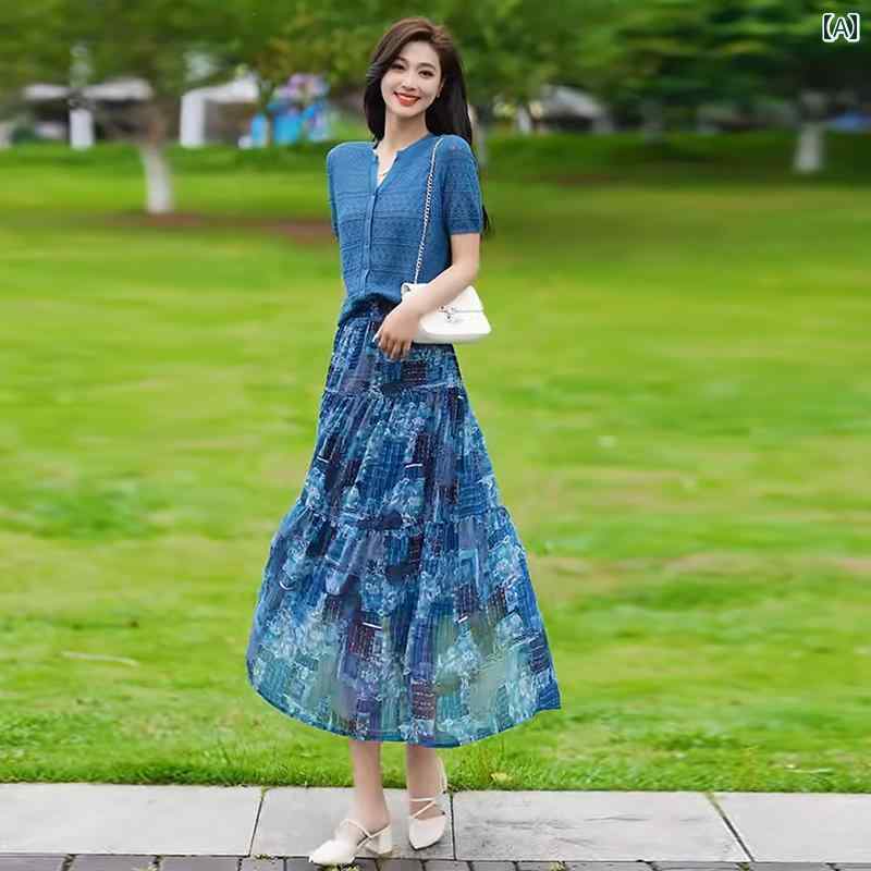 サマーニット レディース の ドレスの レディース 夏の な スリム 冷感の 半袖 ニット セーター 花柄 スカート ツーピース スーツ