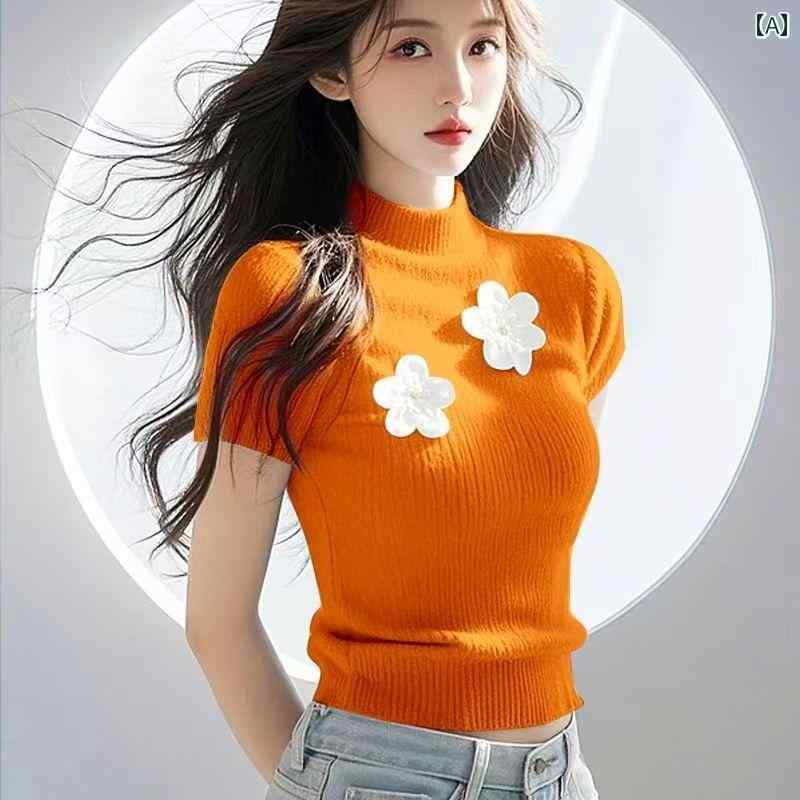 サマーニット レディース 2025夏の レディー スレッド ニット 半袖 Tシャツ レイヤリング シャツ 肩 丈 スリム ドーパミン トップ 付き