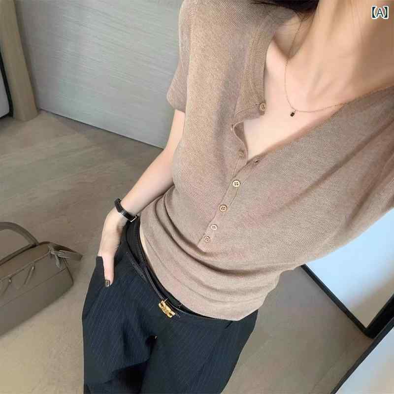 サマーニット レディース IT UNDER GARDEN 半袖 セーター レディース スリムフィット 2025 夏 カーキ Vネック Tシャツ 冷感 インナーウェア 10,722円