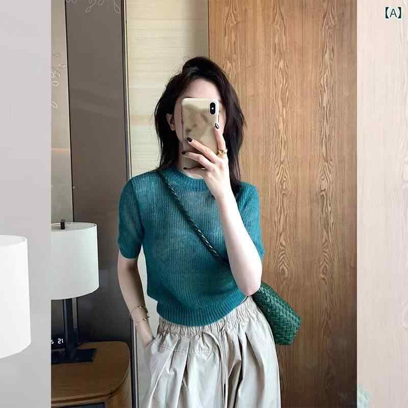 サマーニット レディース Rouje Kefss 冷感 ニット 半袖 ストレート ショルダー Tシャツ レディース 夏 ユニークな ショート ハーフスリーブ トップス