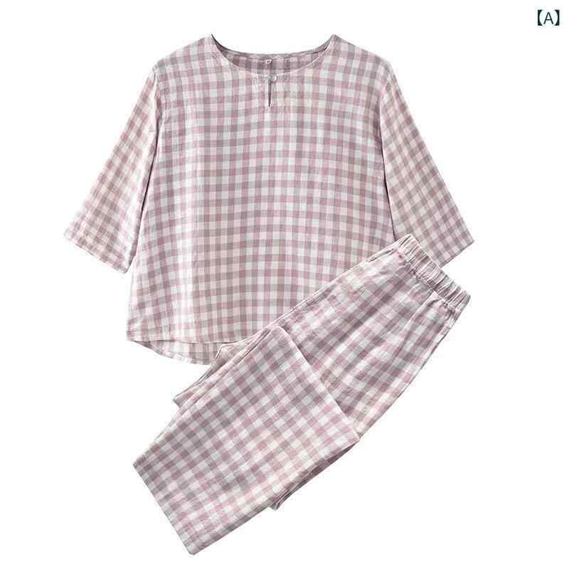 パジャマ　上下　薄手 MUJI 和風 100 % リネン チェック 柄 七分袖 ズボン 家庭 服 スーツ 女性 カジュアル ホーム パジャマ 夏