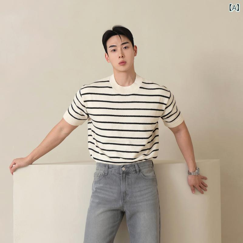 ニット 半袖 Tシャツ 夏用の 薄手 ストライプニット 半袖 Tシャツ 韓国 カジュアル 快適で 通気性の ある シャツ ラウンドネック トップス