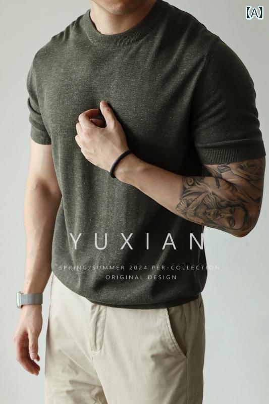 ニット 半袖 Tシャツ YUXIAN 高級 リネン 混紡 ニット 半袖 Tシャツ 無地 アメリカン レトロ ラウンドネック カジュアル ビジネス メンズ