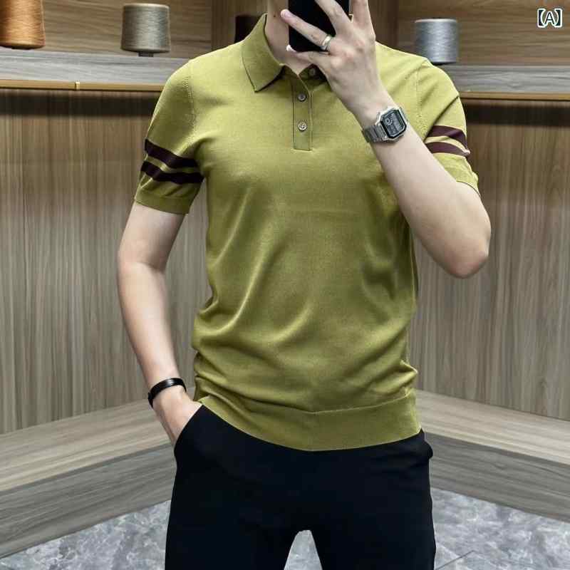 ニット 半袖 Tシャツ 高級 メンズ 冷感 ニット 半袖 夏 スリムフィット ポロシャツ メンズ 軽量 ストライプ