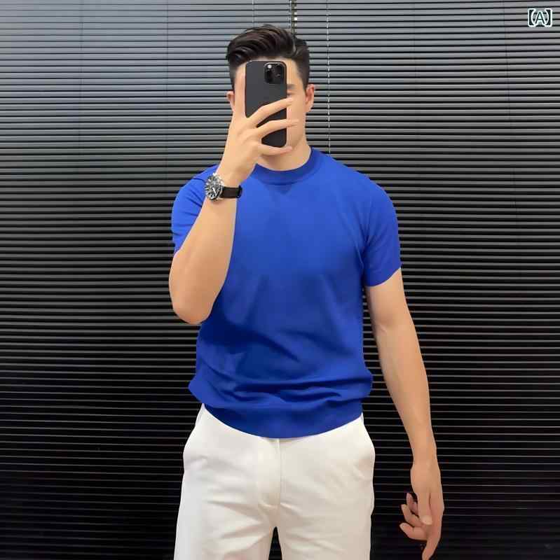 ニット 半袖 Tシャツ 高級 色 冷感 メンズニット Tシャツ 2025 韓国 スリム ラウンドネック 万能 半袖 レイヤリング シャツ
