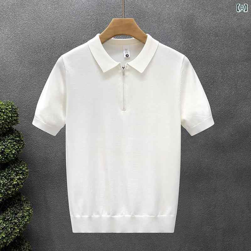 ニット 半袖 Tシャツ 高級 アプリコット ハーフ ジップ 半袖 セーター メンズ 薄手 夏 ニット Tシャツ 2025