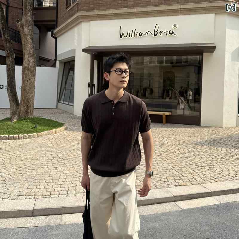ニット 半袖 Tシャツ マックス プラネット 韓国 ヘンリー カラー コーヒー ニット 冷感 半袖 Tシャツ メンズ シンプル カジュアル トップス
