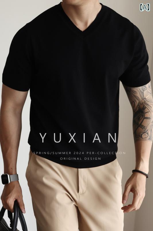 袖 スポーツシャツ メンズ YUXIAN 亜米利加 冷やりとした Vのど首 編み物 半袖 冷感 薄っぺら プルオーバー レトロ 軍事基地 商行為 通気性 春と 夏
