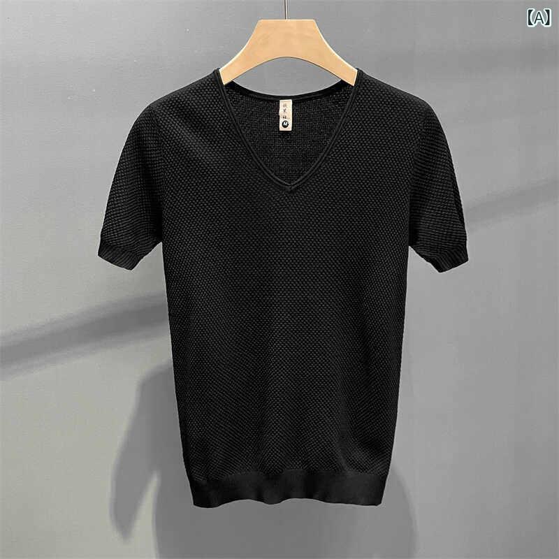 ニット 半袖 Tシャツ 夏の新 メンズ 冷感 半袖 セーター 韓国 スタイル スリム ストレッチ 無地 Vネック 薄 底 シャツ