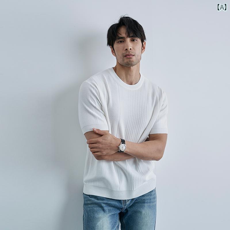 ニット 半袖 Tシャツ 夏の 紳士の ピンストライプの ラウンドネック ニット Tシャツは スリム 通気性が あり カジュアル 半袖 冷感です。