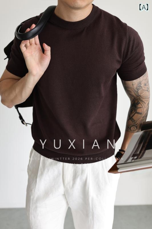 編み物 半袖 プルオーバー YUXIAN イタリア製 リネン 綿織物 通気性 編み物 半袖 ラウンドのど首 プルオーバー 伸縮性 心地よい 商行為 無地 レトロ 春夏
