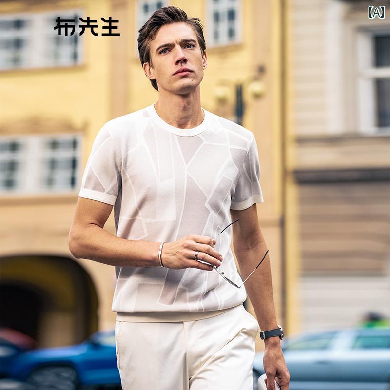 ニット 半袖 Tシャツ MrBu 幾何学 模様 アート ステッチニット Tシャツ メンズ 2024夏 ファッション ラウンドネック 半袖 ET 15132