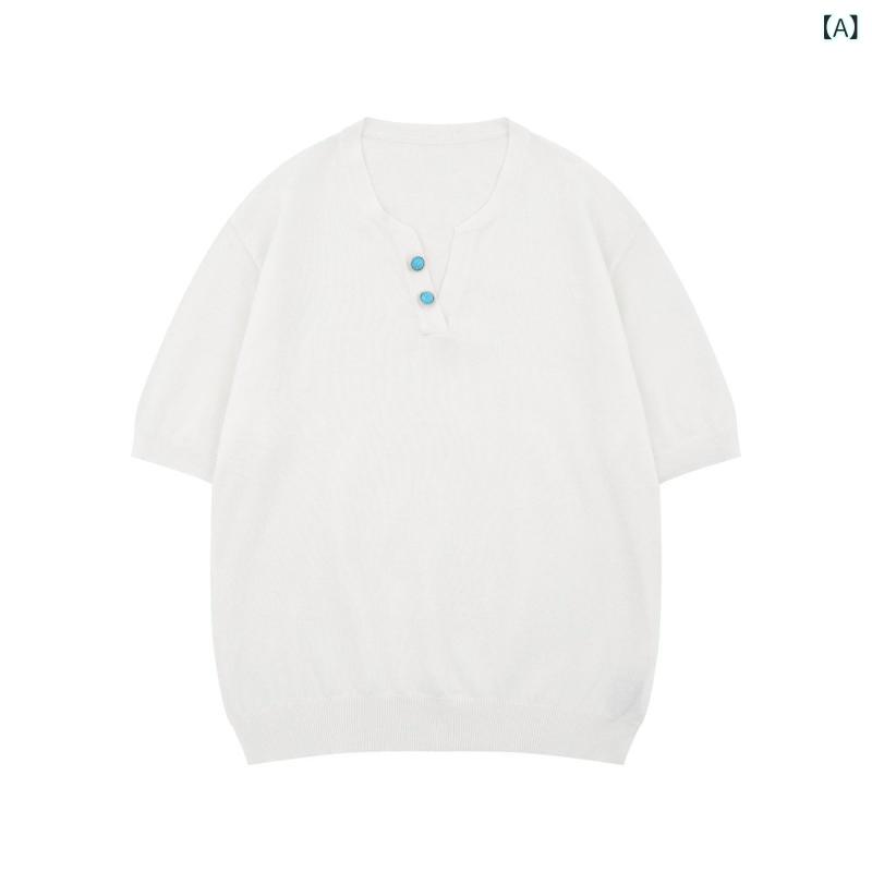 Tシャツ メンズ 夏用 Vネック ゆったり ニット 短袖 レトロ 単色 アメリカンスタイル ストリートファッション カジュアル 普段使い 軽量 コットン混 ビンテージ風