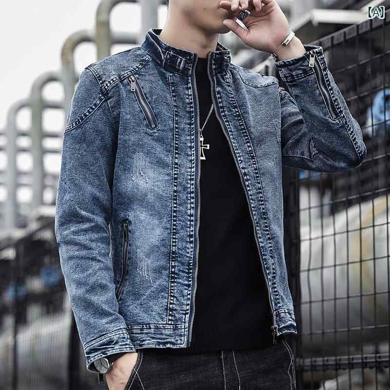 Gジャン デニムシャツ 春秋 おしゃれ メンズ 高級 デニムジャケット 春秋 レトロ ウォッシュ 加工 スタンドカラーの モーター サイクル ジャケット 若くてな スリムフィット