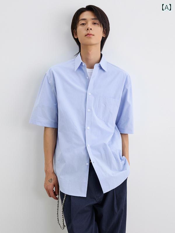 シャツ メンズ 夏 短袖 ゆったり カジュアル トップス シンプル 韓国 普段使い フィット 軽量 吸湿速乾｜サポートシェアグローバル