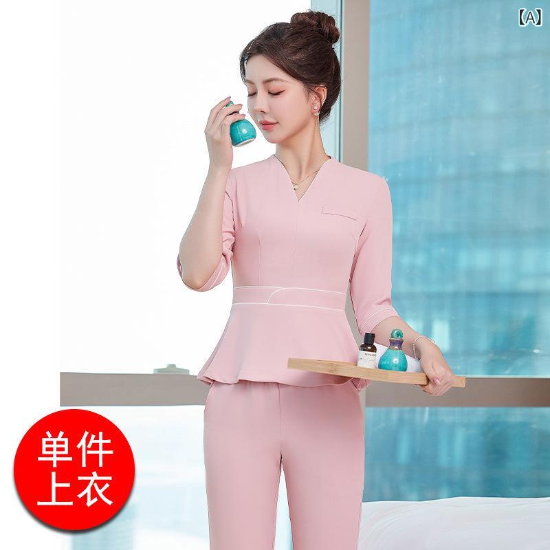 技師服 レディース 夏 中袖 セット 美容室 ヘアサロン スタイリスト ネイリスト 眉毛タトゥー ネイルアーティスト ユニフォーム