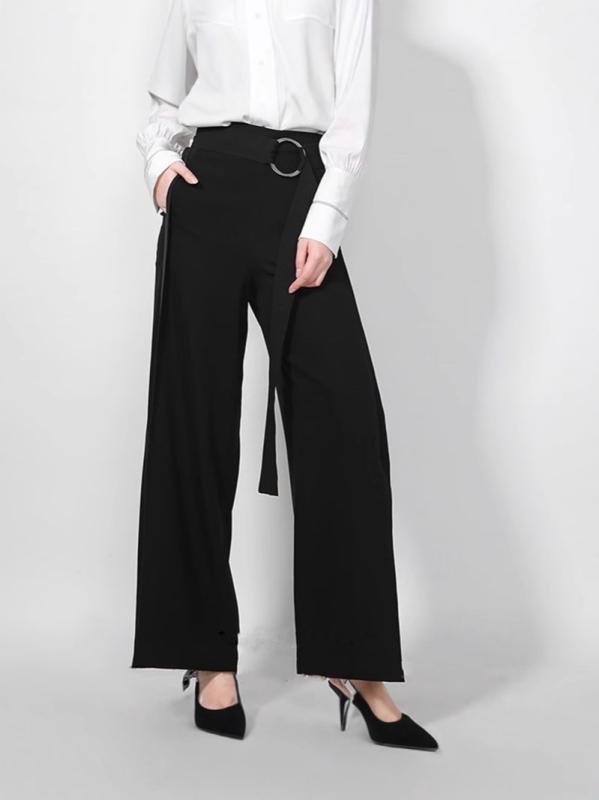 レディース ワイドレッグパンツ 夏 ブラック スリット ウエストベルト付き ファッション 合わせやすい カジュアル ボトムス 普段使い