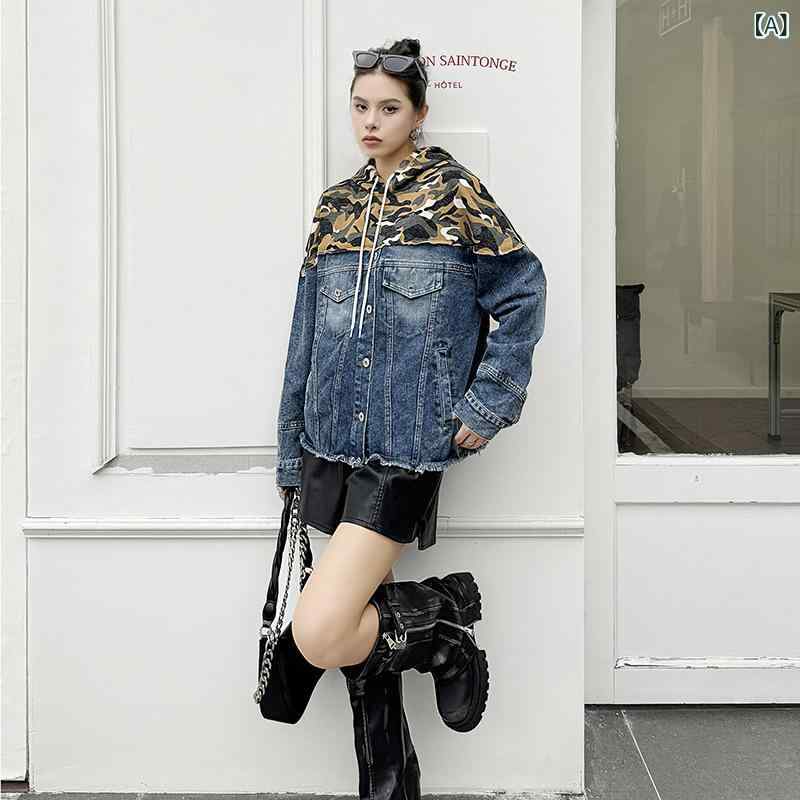 レディース 秋冬 レトロ デニム 切り替え コントラストカラー フード付き パーカー アウター ゆったり オーバーサイズ トップス カジュアル ユニーク