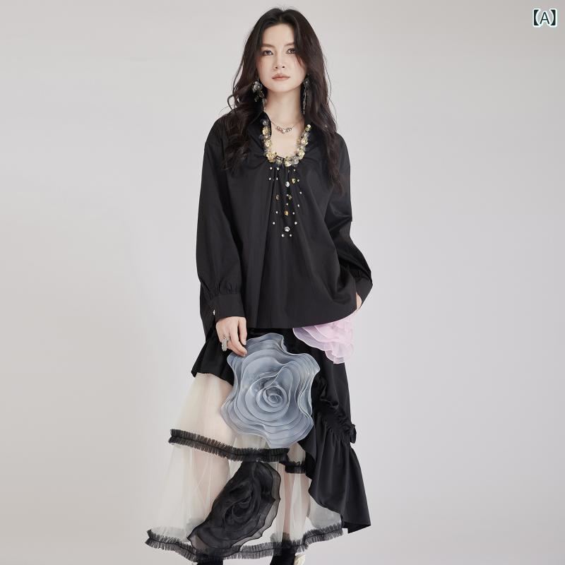 春夏 レディース Uネック シャツ ビーズフラワー 装飾 ゆったり フィット シンプル ミニマル 魅惑的 エレガント 高級感 繊細 トップス ブラウス 普段使い デイリーウェア