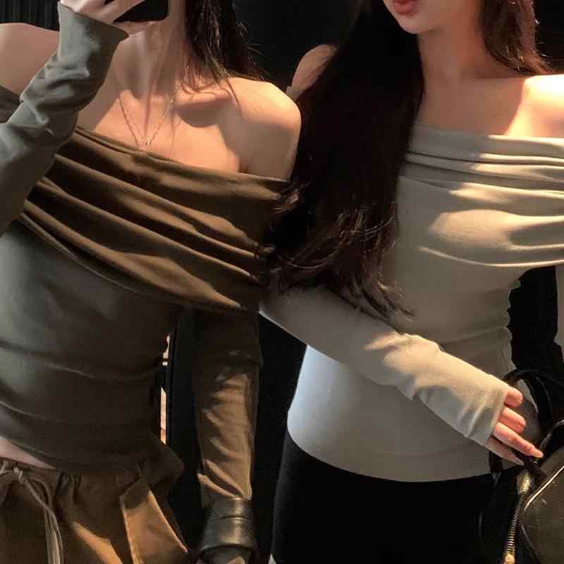 レディース 春 長袖 オフショルダー Tシャツ スリムフィット 肩出し トップス スタイリッシュ インナー ベースレイヤー 修身 ?・覧 セクシー