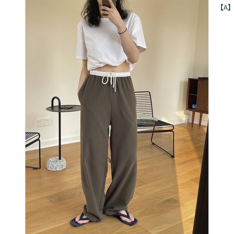 レディース 春夏 ワイドレッグパンツ コントラストカラー ウエスト切り替え ドローストリング 裾絞り フィット スリム効果 カジュアル ロング丈 普段使い