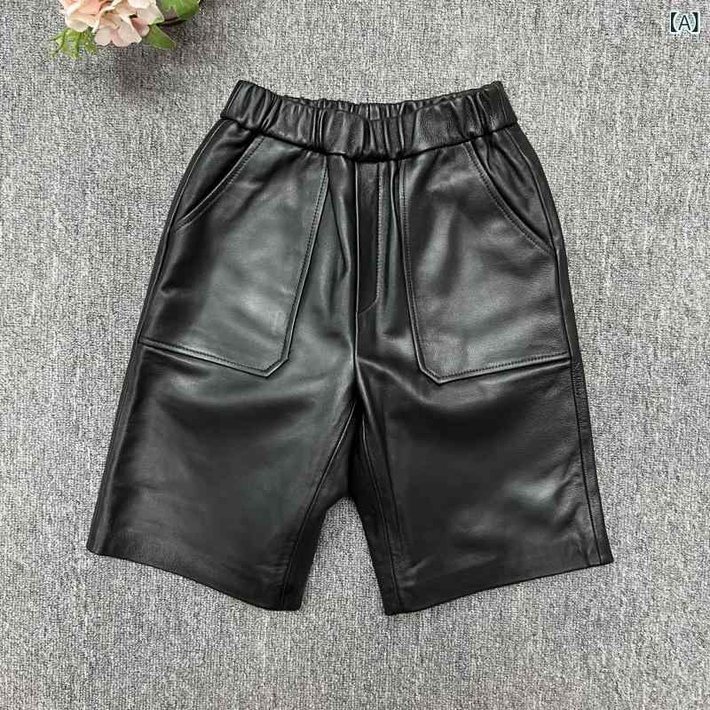 レディース 春夏 ハイウエスト 革 羊革 5分丈 ショートパンツ ストレート 伸縮腰 スリムシルエット カジュアル ボトムス 普段使い