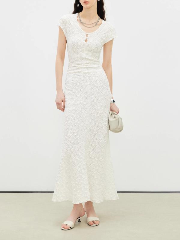 ワンピース レディース 夏 短袖 フィッシュテール プリーツ ギャザー 小パフスリーブ 透かし 提花 しわ加工 個性派 ドレス 軽量 通勤 普段使い 伸縮性 吸湿速乾